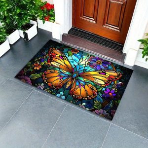 1 pc, Crystal Butterfly Pattern Outdoor Doormat, Polyester Entrance Rug, Anti-Slip Mat for Hallway, Kitchen, Bathroom, Balcony