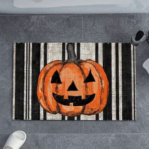 1 PC, outdoor carpet at the entrance, polyester floor mat carpet, black and white striped pumpkin head pattern anti slip door mat, hallway kitchen bathroom balcony mat, bathroom mat outdoor carpet, home indoor and outdoor decoration carpet mat