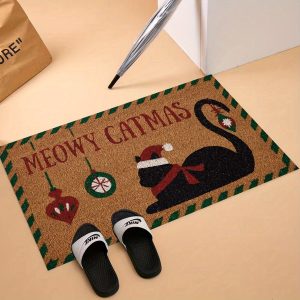 1pc doormat, Christmas style Santa Hat Kitty Welcome home Welcome home Yellow background printed carpet, waterproof carpet, machine washable for entrance door, bathroom, living room, laundry room, home decor, four seasons decoration