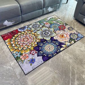 Boho Chic Watercolor Floral Area Rug - Non-Slip, Soft Polyester Carpet for Living Room, Kitchen, Bedroom - Machine Washable Home Decor Mat