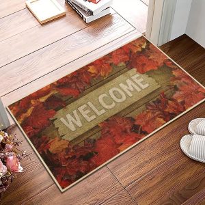 Autumn Leaves Wood Door Mat, Welcome Fall Thanksgiving Welcome Mat Doormat Outdoor Indoor Entrance Rug Floor Mat Non Slip Absorbent Resist Dirt Carpet for Entryway