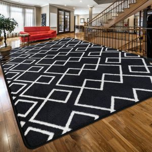 Area Rug For Living Room,  Shag Rugs With Memory Foam For Bedroom Dorm, Fluffy Shaggy Machine Washable Moroccan Geometric Carpet For Girls Kids Nursery Play Room Black