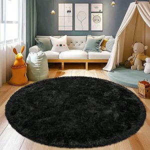 Round Fluffy Rug Super Soft Circle Rug For Kids Room - Shaggy Circular Rug For Nursery Fuzzy Plush Rug For Teen's - Furry Carpet For Boys Girls Room Black