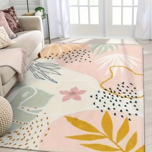 Bohemian Abstract Pink Plant Print Rug, Washable, Non-Slip, 71x47 Inch, Living Room, Bedroom, Kitchen, Dining Room