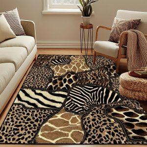 1PC Cashmere Imitation Abstract Vintage Farmhouse Patchwork Indoor Area Carpet Animal Fur Brown Rugs Machine Washable Comfortable Soft Non-slip Carpet Suitable For The Living Room Bedroom Bed