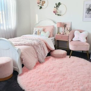 Pink Round Area Rug for Girls Bedroom, Shag Circle Rug 6x6 for Bedroom, Cute Fluffy Circular Carpet for Teen Girls Room, Shaggy Fuzzy Plush Rug for Nursery Room Dorm Playroom